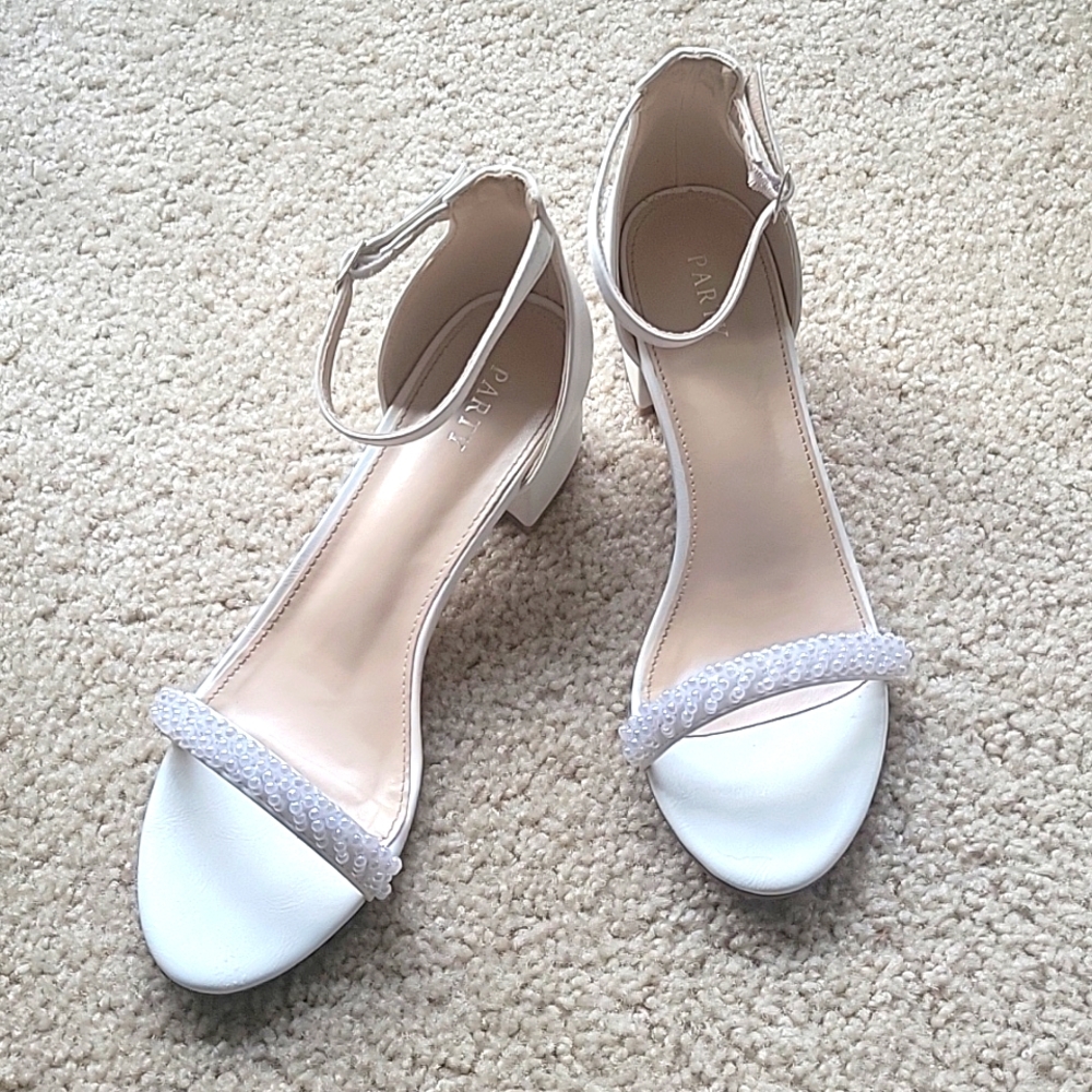 White pearl detail block heels. Size 9.